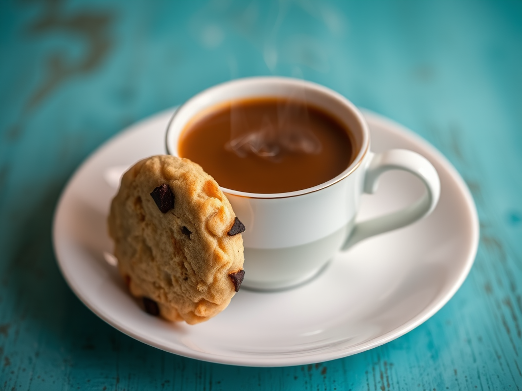 A steaming cup of coffee with two cookies on a plate, turquoise textured background, soft lighting, depth of field, ISO 200, aperture f/2.8, 50mm lens, DSLR camera.