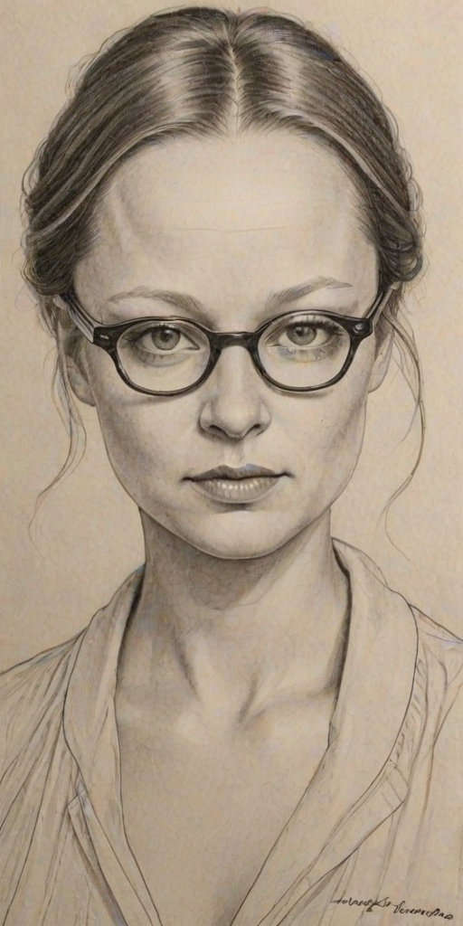 Comely Samantha Morton, pencil sketch, portrait of Fetching woman 1925s in glasses, hair style beatnik, outline, clear lines, fine lines, 8k