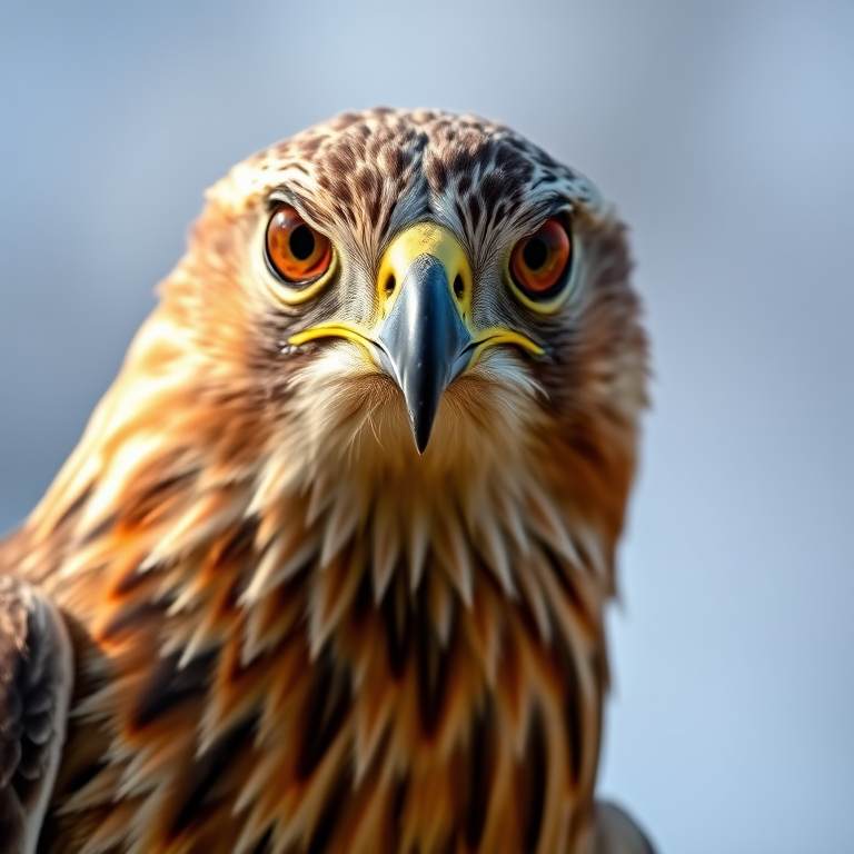 Capture a close-up portrait of a hawk with sharp focus on its eyes, using a DSLR camera, 85mm lens, aperture f/1.8, ISO 100, shutter speed 1/200s, natural light, shallow depth of field, ensure a blurred background to enhance subject prominence.