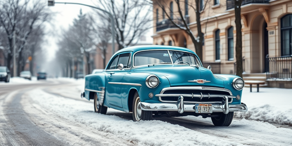 Create a high-resolution watercolor effect image of a vintage blue car parked on a snowy street, shot with a DSLR camera at f/2.8, ISO 100, 50mm lens, in natural light from the side, with a shallow depth of field to soften the background.