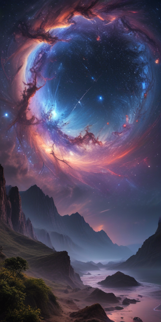 Celestial Gateway: A Cosmic Portal Over Majestic Mountain Landscape at Dusk
