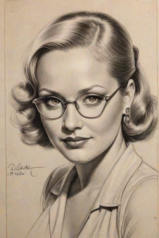 Comely Charlene Tilton, pencil sketch, portrait of Magnificent woman 1932s in glasses, hair style beatnik, outline, clear lines, fine lines, 8k