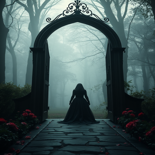 A mysterious figure in a flowing dark gown stands beneath an ornate archway leading to a misty forest, soft ethereal light filters through the trees, roses adorn the stone pathway, shot at f/1.8, ISO 100, 50mm lens, low angle view, using a digital SLR camera, cinematic style.