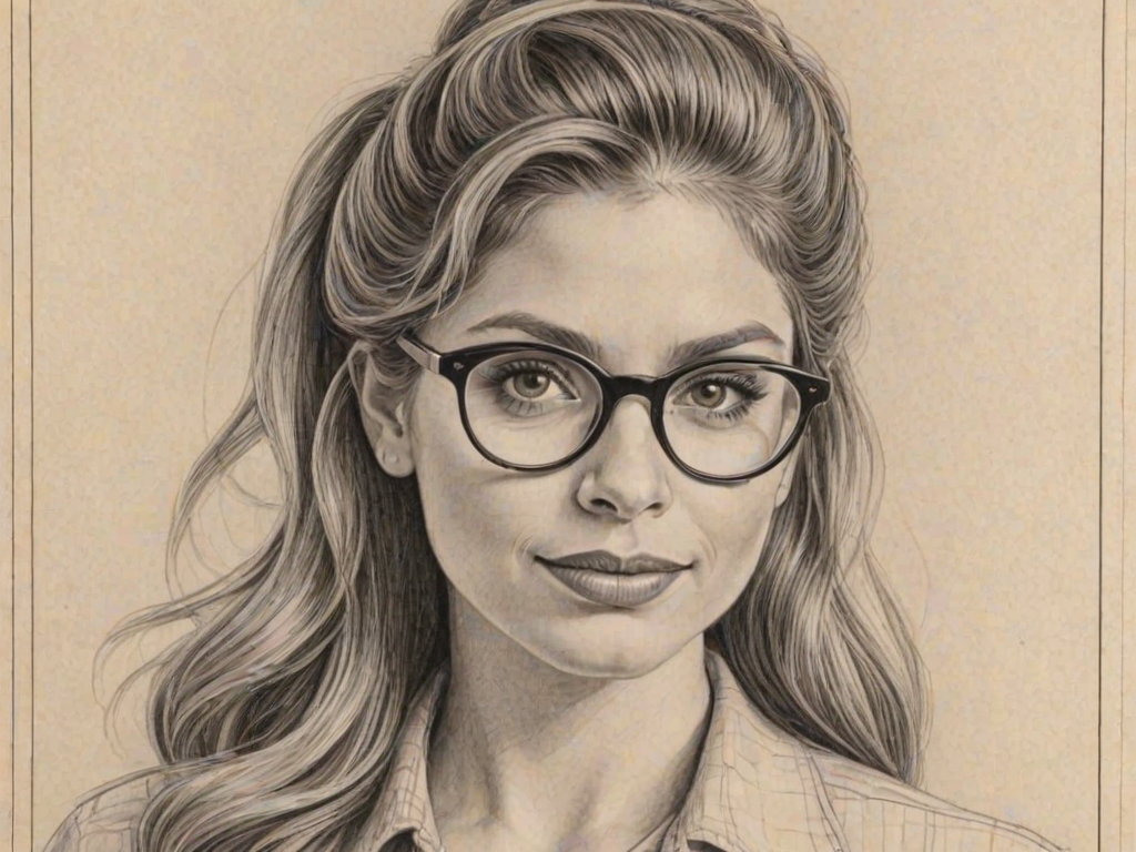Exquisite Danielle Fishel, pencil sketch, portrait of Comely woman 1941s in glasses, hair style beatnik, outline, clear lines, fine lines, 8k