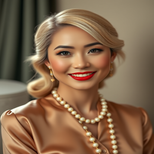 A beautiful Hmong woman reminiscent of 1950s Hollywood glamour, with perfectly styled blonde hair and a seductive smile, dressed in a satin blouse and adorned with pearls, soft and warm tones, photorealistic, 8K