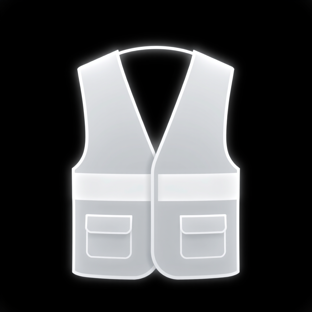 Create a vector graphic of a white safety vest icon on a black background, using a 50mm lens, ISO 100, f/8 aperture, and soft lighting for a clean and professional look.