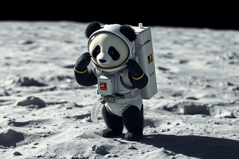 The image is a high-resolution photograph of a teen panda named Huahua, depicted standing on the surface of the moon. Huahua has her distinctive black and white fur, and she is dressed in a sleek, futuristic space suit complete with a helmet and oxygen tank. The suit is detailed with patches and tubing, creating a realistic astronaut look.