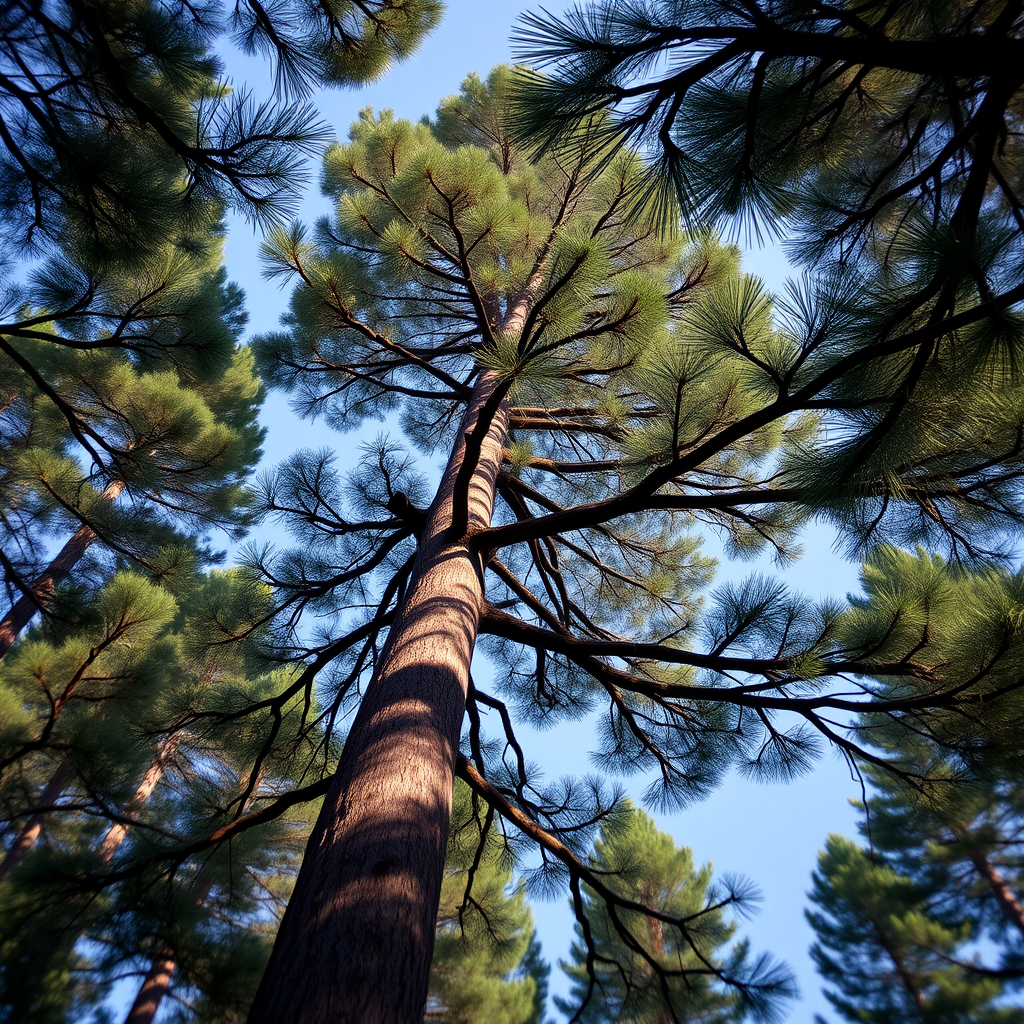 Create a highly detailed and realistic illustration of a tall pine tree with strong branches and dense foliage, using a DSLR camera with an aperture of f/4, ISO 100, and a shutter speed of 1/250s, shot from a low angle to emphasize height in natural daylight with a shallow depth of field.