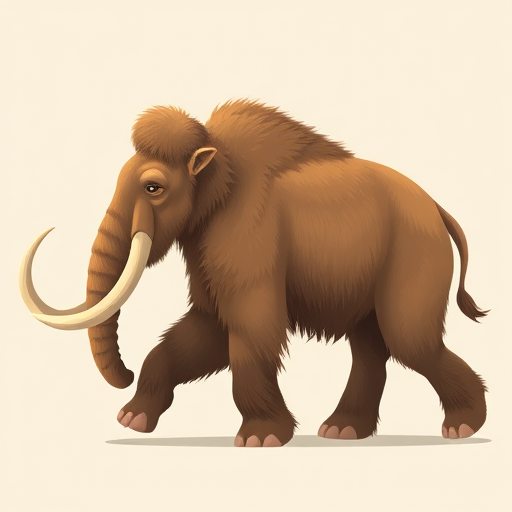 Create a high-resolution illustration of a walking woolly mammoth, side view, soft color palette, using a DSLR camera with a 50mm lens, f/1.8 aperture, ISO 100, and natural lighting to enhance details and textures.