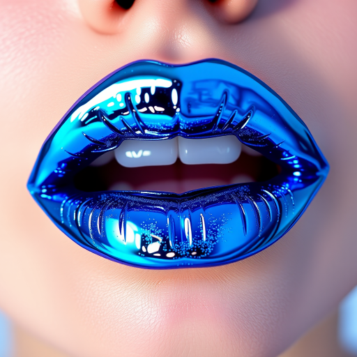 Electric blue chrome lips in "Galactic Frost" style, boasting a mirror-like shine and holographic sparkles, creating an otherworldly and futuristic aesthetic