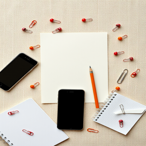 Create a high-resolution image of a scattered stationery scene featuring a blank sheet of paper, a notepad, a pencil, a smartphone, paperclips, and pushpins, set against a textured beige background, captured with a DSLR camera, aperture f/4, focal length 50mm, ISO 100, in natural lighting.