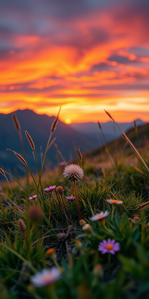 Generate an image of a mountain landscape during sunrise with vibrant colors, using a Canon EOS R5, 24mm lens, aperture f/8, shutter speed 1/125 sec, ISO 100, shot from a low angle to emphasize the foreground, capturing the details of the grass and flowers in the foreground and the mountains in the background with a soft bokeh effect.