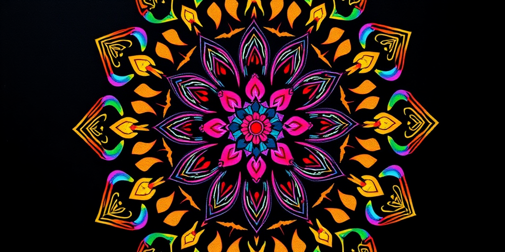 Generate a vibrant mandala design featuring intricate patterns and lively colors set against a black background, photographed with a Canon EOS R5, 50mm lens, f/1.8 aperture, ISO 100, and shot from a top-down perspective to enhance detail and depth.