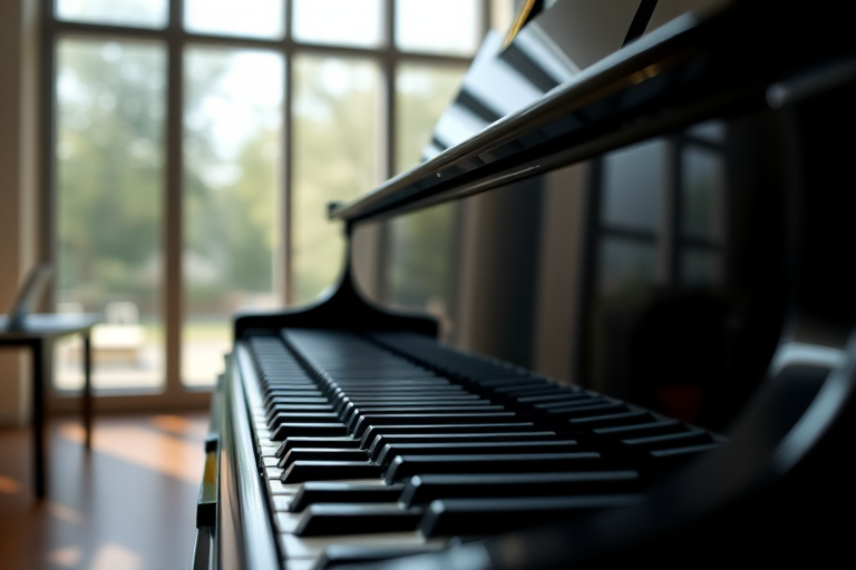 high-quality illustration of a grand piano viewed from a low angle, soft natural lighting, focus on glossy black finish and intricate details, using a digital camera with a focal length of 50mm, aperture f/2.8, ISO 100
