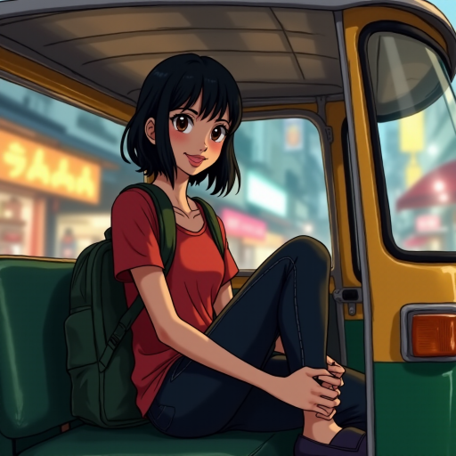 Cartoon Movie​ scene, a 18yr kindness grin Japanese woman,oval face , mullet medium long messy black side hair, wear a red shirt ,black jeans ,navy slip-on​,with green backpack, relax​ sitting on a seat in a thai tuk-tuk, tuk-tuk a silver metal roof that reflects light, There are blurred street lights and shops Chinatown Bangkok in the background.