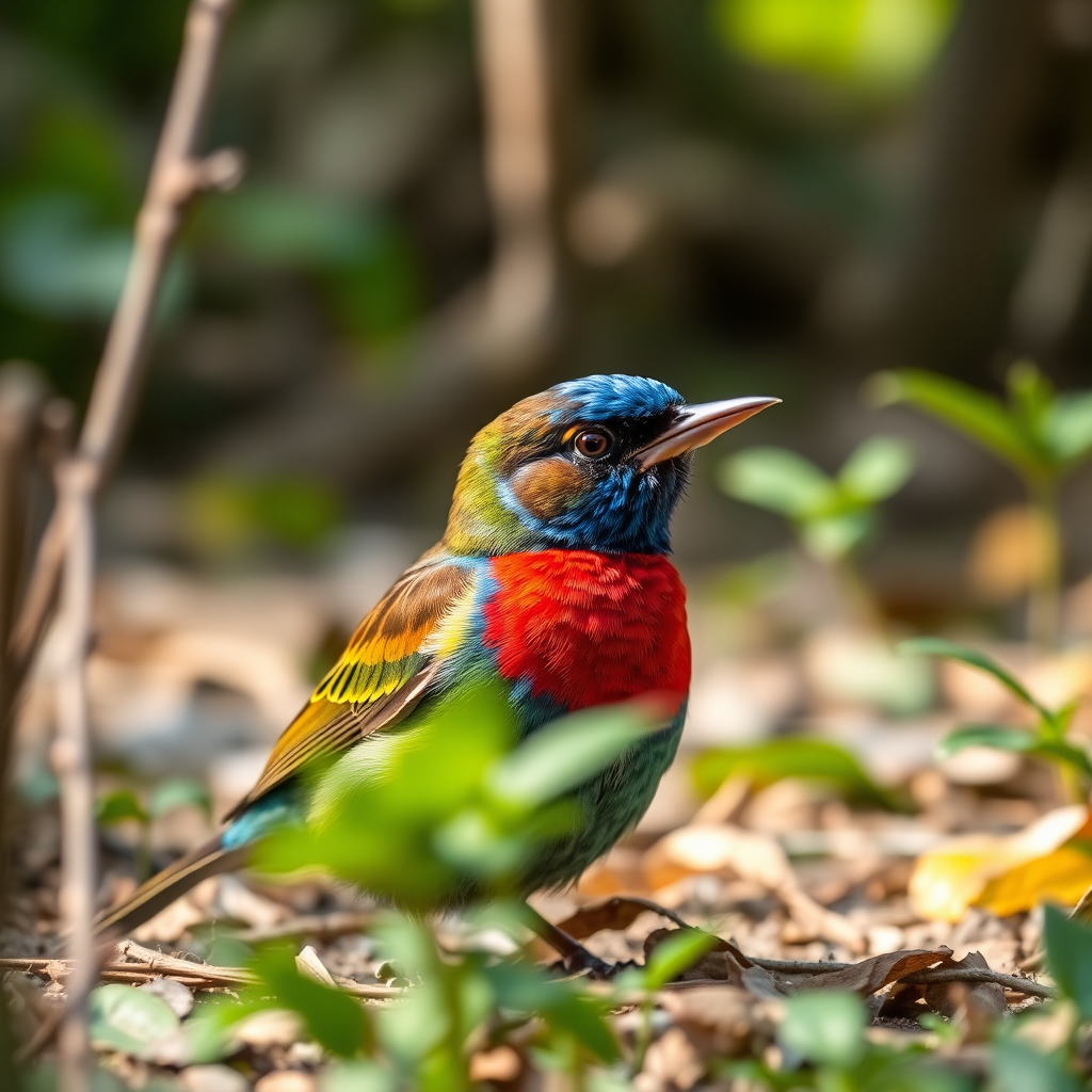 high-quality photo of a bird with colorful plumage in a natural setting, shallow depth of field, soft natural light, ISO 200, aperture f/2.8, shutter speed 1/200s, taken with a DSLR camera, 50mm lens, slightly low angle view to emphasize the bird's features and surroundings