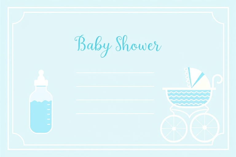 Create a baby shower invitation template with a light blue border, featuring a baby bottle and a baby carriage on either side, include three blank lines for text, high resolution, 300 DPI, captured with a DSLR camera, focal length 50mm, aperture f/2.8, soft lighting for a clean, inviting look.