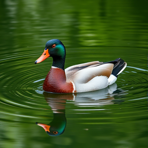 Capture a high-resolution image of a Muscovy duck swimming on a calm green pond, using a Canon EOS R5 with an f/4 aperture, ISO 100, 1/200s shutter speed, at a low angle to emphasize the water ripples and reflections, with a soft background blur for depth.