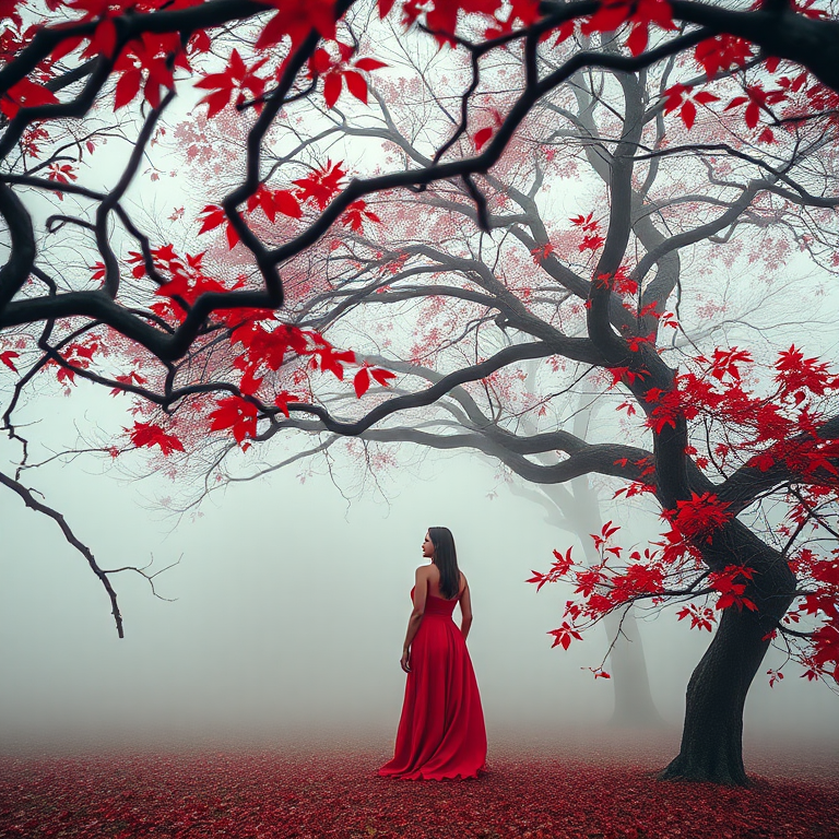 Generate an image of a solitary figure in a red dress standing beneath a canopy of twisting branches with vibrant red leaves, soft mist in the background, captured with a DSLR camera at f/2.8, ISO 100, with a 50mm lens, using a shallow depth of field for a dreamy effect.
