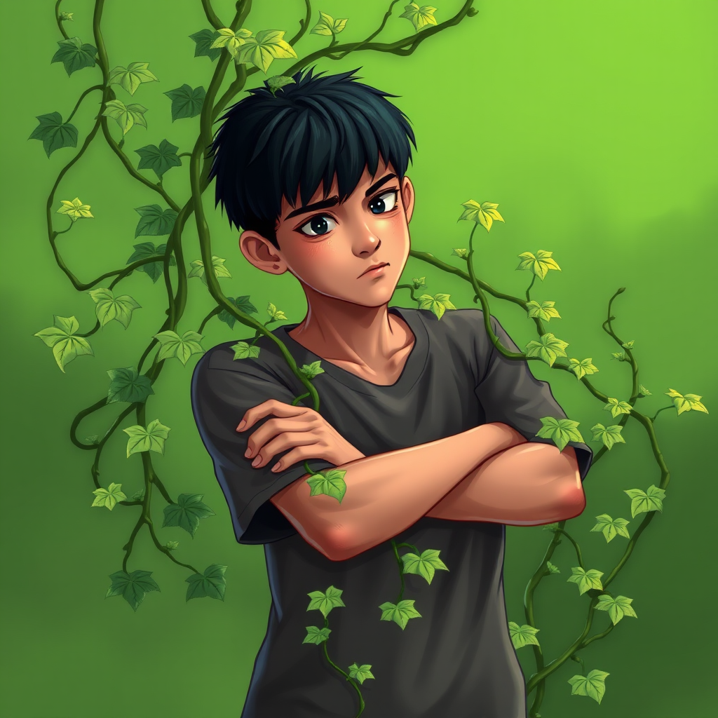 Create a digital illustration of a young man with short black hair standing with arms crossed, looking contemplative with a frustrated expression, intertwined with green vines on a vibrant green background, using a soft focus effect, focal length of 50mm, aperture set to f/2.8, and a high dynamic range photography style.
