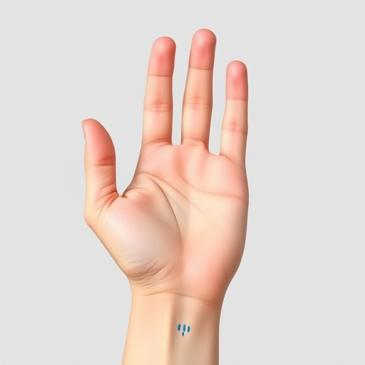 Create a detailed, high-resolution illustration of a human hand palm facing up, featuring six small blue dots on the wrist area, using a Canon EOS R5 camera with a 50mm f/1.2 lens, shot from a straight-on view at a slightly elevated angle to enhance detail and texture, ensuring soft natural lighting for a realistic appearance.