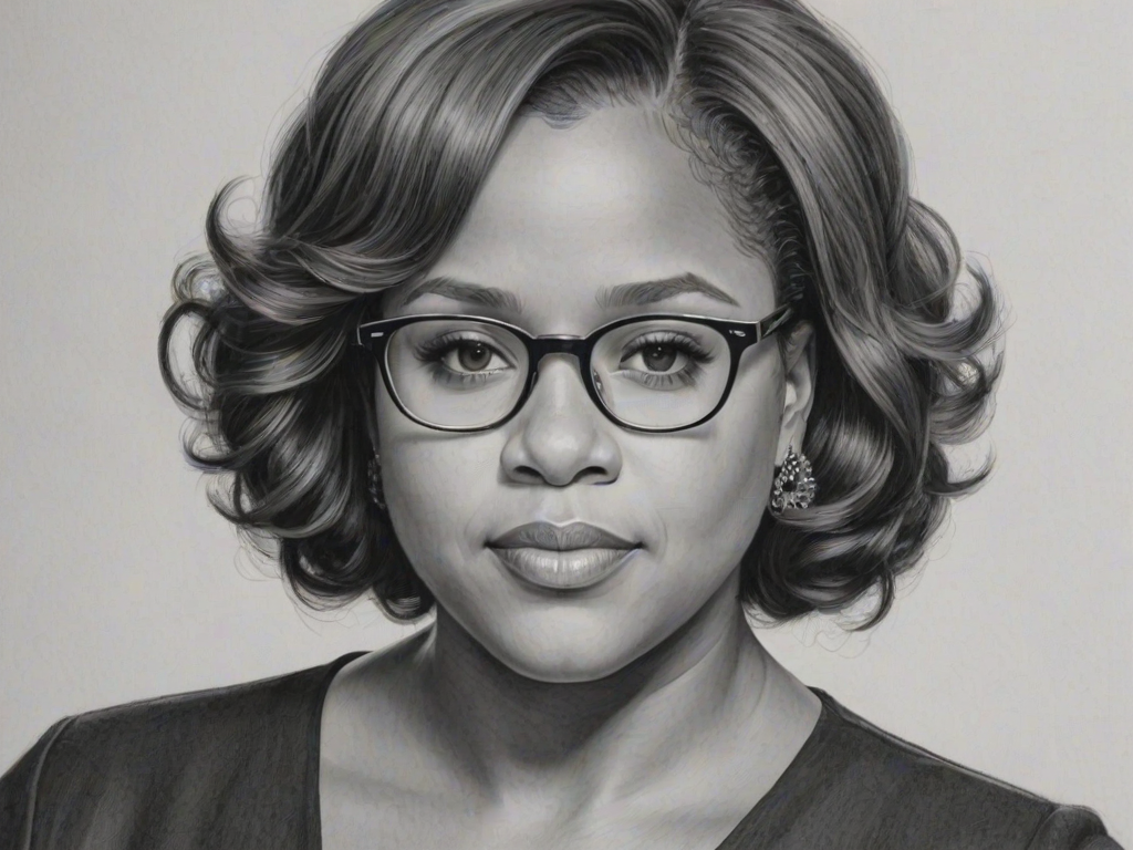 Alluring Chandra Wilson, pencil sketch, portrait of Appealing woman 1967s in glasses, hair style beatnik, outline, clear lines, fine lines, 8k