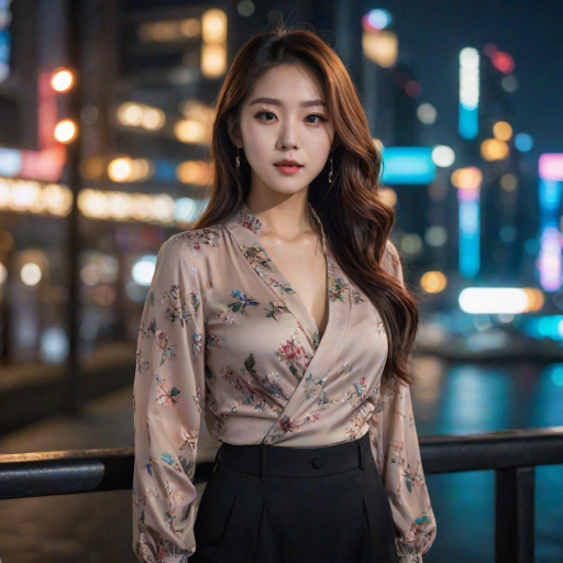 asian woman, korean idol, wrap blouse, night background, selfie, detailed background