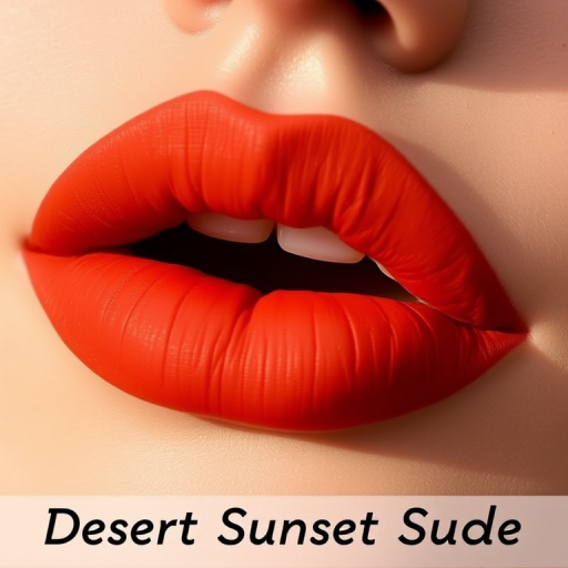 Rusty terracotta lips with a velvety matte texture and earthy undertones, dubbed "Desert Sunset Suede"
