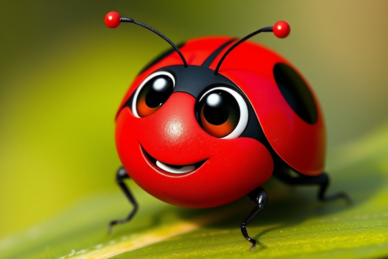Create a vibrant cartoon ladybug with a glossy red body, large expressive eyes, and prominent black spots, using a high-resolution digital camera with a 50mm lens, f/2.8 aperture, ISO 100, and a shallow depth of field for a soft background, shot in natural light for enhanced colors and details.