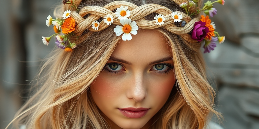 Romantic braided crown in honey blonde, adorned with fresh wildflowers and loose tendrils framing the face, creating a dreamy bohemian-inspired look