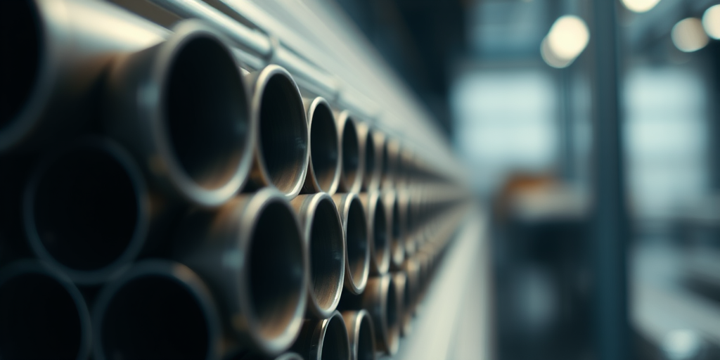 regenerate a close-up abstract image of stacked metal pipes with soft diffused lighting, using a 50mm lens at f/1.8, ISO 100, and a shallow depth of field to enhance bokeh, captured with a DSLR camera from a top-down perspective