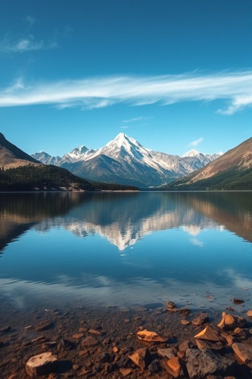 Create a high-resolution image of a serene landscape with mountains in the background and a calm lake in the foreground, using a DSLR camera set to f/8, ISO 100, 1/125 sec, shot from a low angle to capture reflections in the water.