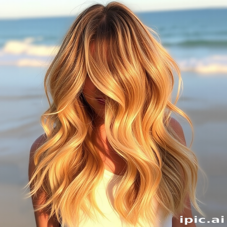 Warm honey blonde beach waves known as "Golden Hour," cascade effortlessly from a center part, featuring sun-kissed highlights and lowlights that create depth and dimension, evoking the glow of a perfect summer evening
