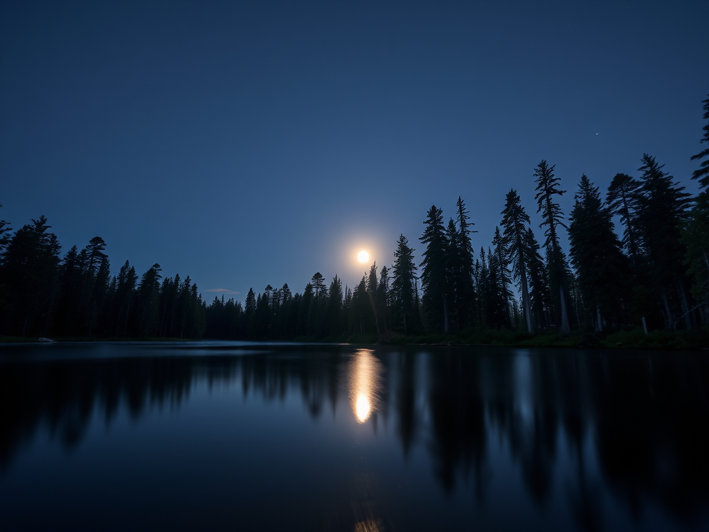 night landscape featuring a full moon reflecting on a serene lake surrounded by tall pine trees, shot with a DSLR camera, 24mm lens, f/8 aperture, ISO 200, 30 seconds exposure, low angle view, soft focus for dreamy effect