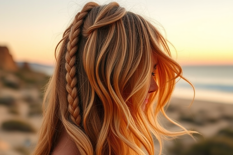 Bohemian desert sunset ombre flowing from warm terracotta to soft peach, styled in tousled beach waves with macramé-inspired braids