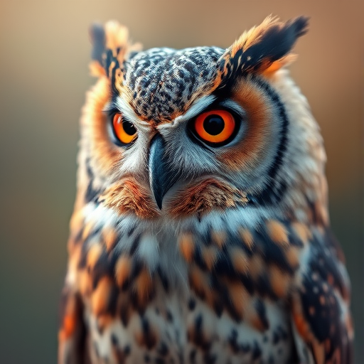 Regenerate a highly detailed digital painting of an owl with vibrant colors and dramatic lighting, using a DSLR camera with an aperture of f/1.8, ISO 100, 85mm lens, shot in a soft focus style to enhance the texture and depth of the feathers.