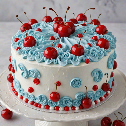 Create an image of a beautifully decorated cake with a smooth white frosting base. The cake has a light blue icing design featuring decorative swirls and ruffles around the edges. On top, place several bright red cherries, evenly spaced around the cake, creating a vibrant contrast. The cake should be displayed on a simple white plate against a neutral background.
