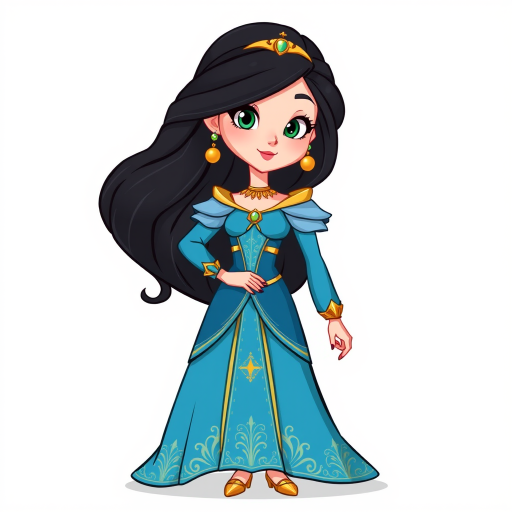 Create an illustration of an animated princess with long dark hair, wearing a detailed flowing blue outfit and gold accessories. She stands confidently, exuding charm and grace.