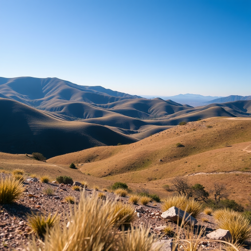 Generate a high-resolution image of a serene landscape featuring rolling hills and a clear blue sky, captured with a DSLR camera at f/8 aperture, ISO 100, 1/200 shutter speed, with a wide-angle lens, shot from a low angle to emphasize the foreground.