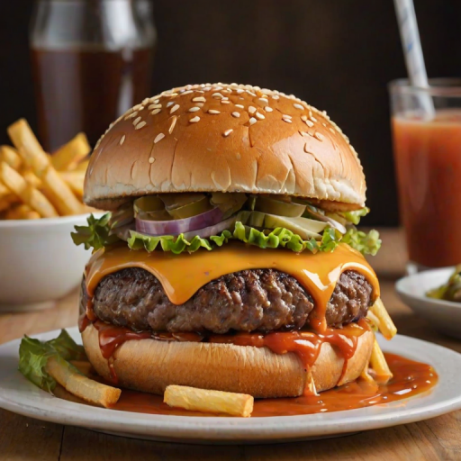 High-resolution, close-up image of a gourmet double cheeseburger. The burger features a glossy, sesame-seed-topped brioche bun. Inside, there are two thick, juicy beef patties, each topped with melted cheddar cheese. The burger is garnished with fresh lettuce, tomato slices, diced onions, and pickles. A generous amount of ketchup and a creamy, orange-colored sauce is dripping down the sides, adding to the mouth-watering appeal. In the background, there are blurred elements including a side of golden French fries and a hint of a beverage, enhancing the overall presentation of a delicious meal.
