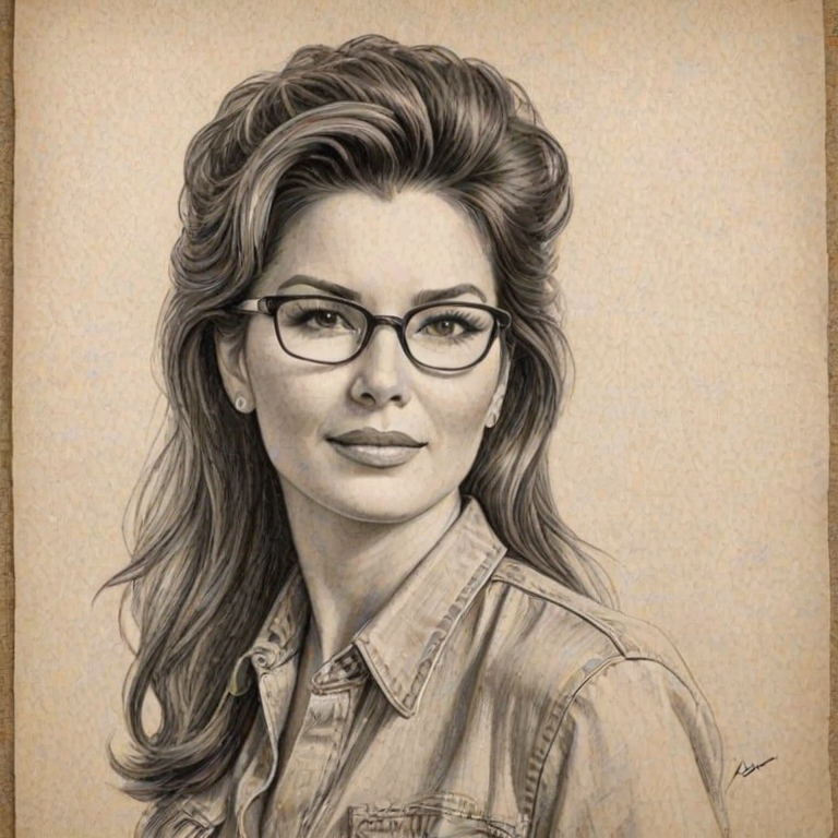 Comely Shania Twain, pencil sketch, portrait of Sublime woman 1941s in glasses, hair style beatnik, outline, clear lines, fine lines, 8k