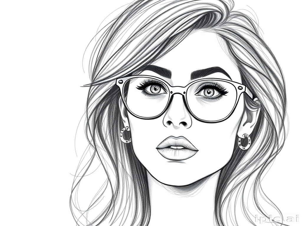 hot mia khalifa, pencil sketch, portrait of beautiful woman 60s in glasses, hair style beatnik, outline, clear lines, fine lines, 8k