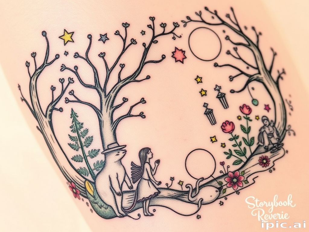Illustrative tattoo named "Storybook Reverie" showcasing a whimsical scene with fantastical creatures enchanted forests and fairy tale elements rendered in a delicate hand-drawn style with soft shading and fine linework
