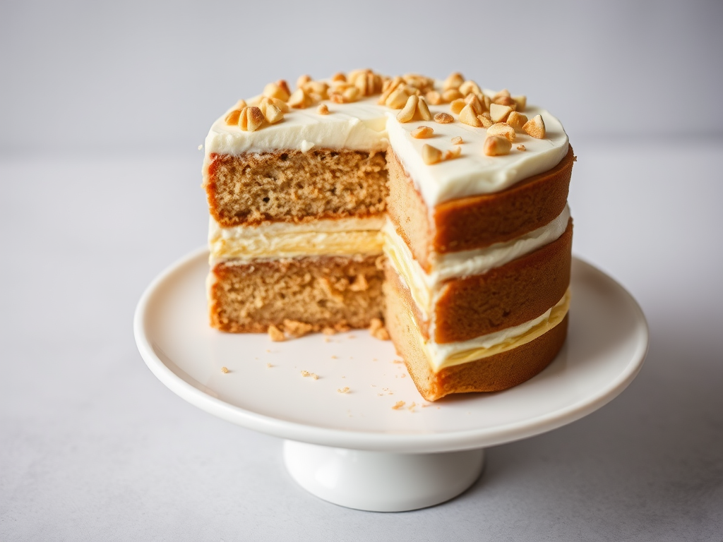 A deliciously layered cake with a light brown sponge and creamy frosting on top garnished with chopped nuts, showcasing a slice cut out to reveal the fluffy interior, served on a simple white plate against a soft gray background.