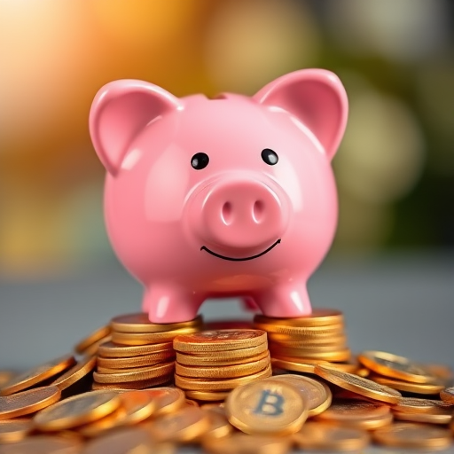 A cheerful pink piggy bank sitting atop a pile of shiny gold coins with a soft bokeh background, captured with a DSLR camera, f/2.8 aperture, 50mm lens, ISO 200, 1/125s shutter speed, with a shallow depth of field and vibrant colors.