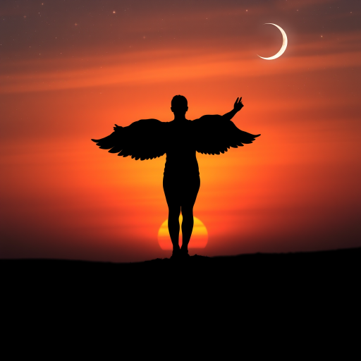 silhouette of a figure with wings standing on a horizon at sunset with stars in the sky and a crescent moon