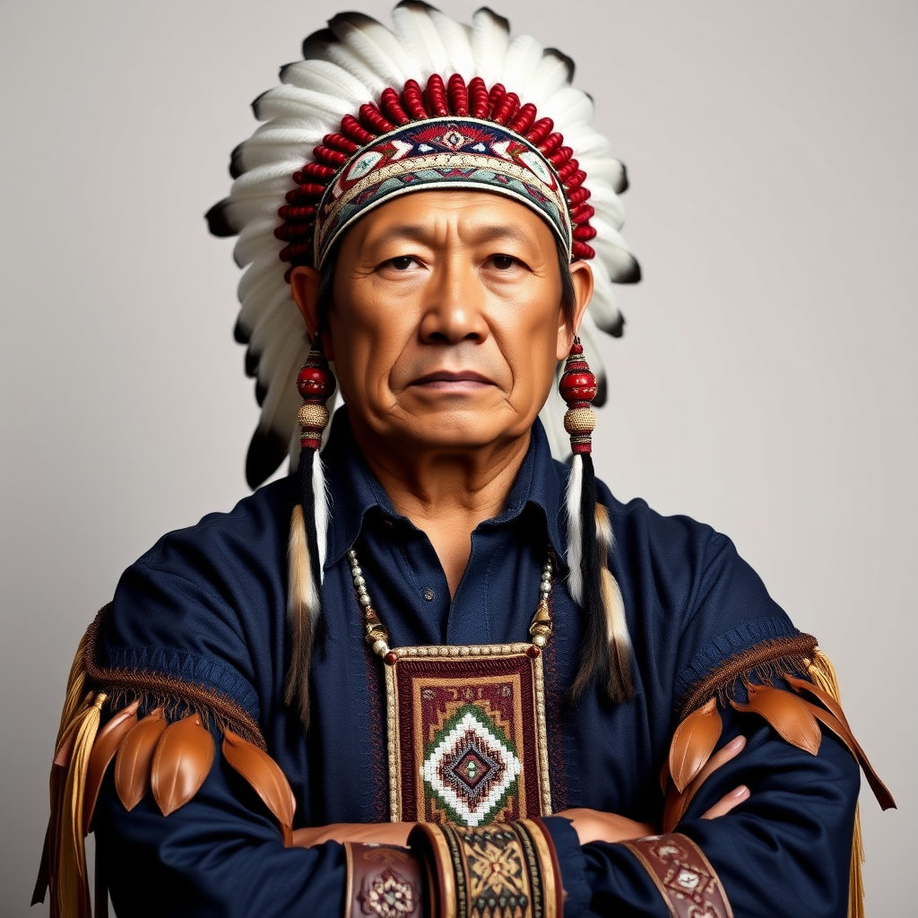 Create a dignified portrait of a Native American man dressed in traditional attire. He wears a beautifully crafted headdress adorned with white feathers and red beads, along with a beaded headband featuring intricate patterns. His clothing includes a deep blue, patterned shirt and a traditional chest piece with detailed beadwork. His arms are crossed, displaying leather armbands decorated with feathers. The background is simple and neutral, emphasizing his proud and stoic expression. The overall image captures the rich cultural heritage and strength of his persona.
