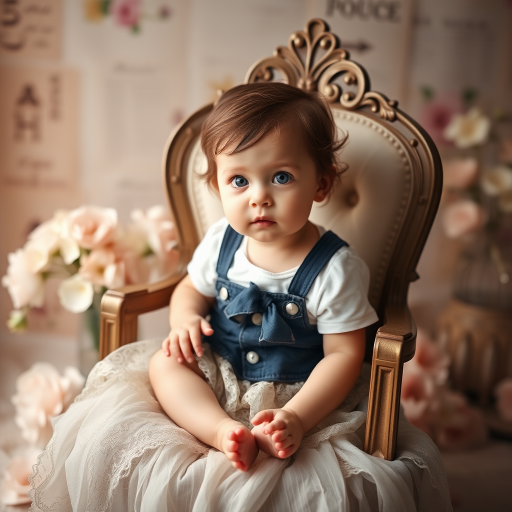 Create a soft-focus portrait of a toddler seated on an ornate chair, surrounded by pastel flowers and vintage text, with a warm, dreamy atmosphere, using a 50mm lens at f/1.8, ISO 200, 1/125s, natural light, shot from a slightly elevated angle with a shallow depth of field to enhance the subject's details and background blur.