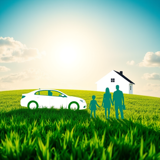 white silhouettes of a car, house, and family standing on vibrant green grass with a bright sun and clouds, taken with a DSLR camera, 50mm lens, f/1.8 aperture, ISO 100, natural lighting, wide-angle view to capture details.