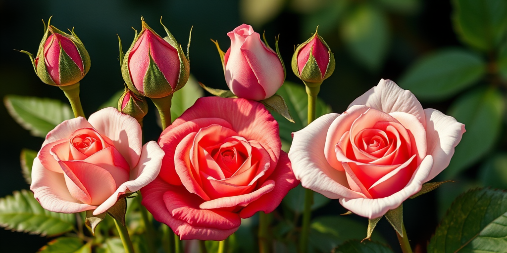 Create an image of a botanical illustration featuring various stages of rose buds, leaves, and fully bloomed roses, using a macro lens with a 100mm focal length, aperture set to f/2.8, natural lighting at a 45-degree angle, captured with a DSLR camera for high detail and vibrant colors.